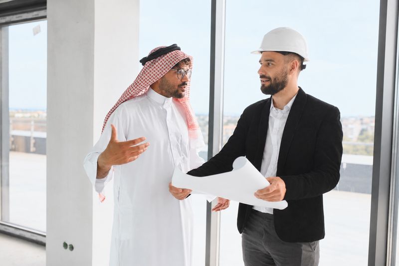 Client and engineer reviewing drawings in an interior under construction